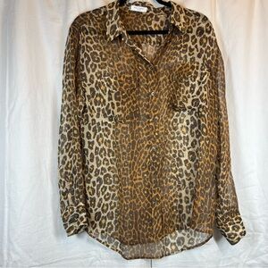 Vintage Equipment Femme 100% Silk Leopard Print Button up Long Sleeve Shirt
